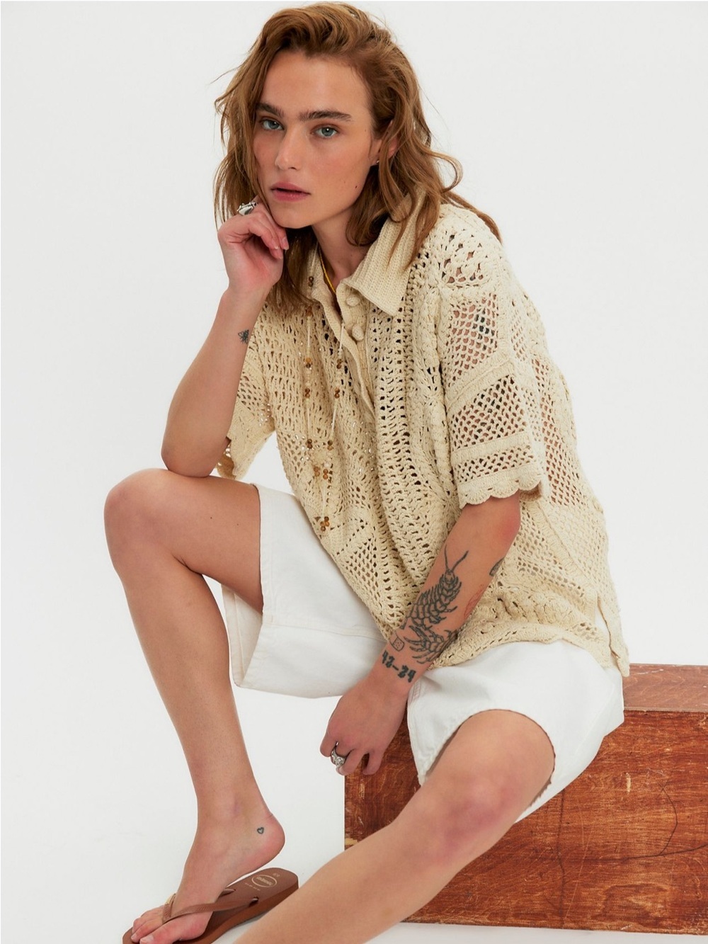 NWT Free People Dahlia Crochet Polo in Tea